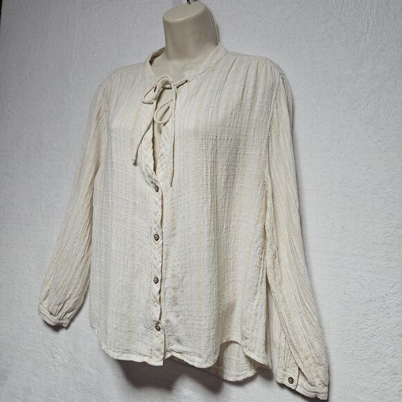 Zara Women's SZ M cream Tan Stripe‎ Beachy Top Linen Preppy Coastal - Picture 4 of 9